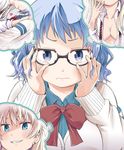  blue_eyes blue_hair bow bowtie cardigan commentary_request cover cover_page glasses hands_on_own_cheeks hands_on_own_face imagining maitake_(kinokonabe_hinanjo) multiple_girls original school_uniform short_hair tears thought_bubble wavy_hair wavy_mouth yuri 
