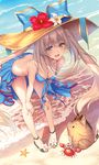  :d beach bent_over bikini blue_bikini blue_eyes boar breasts cleavage crab day eyebrows_visible_through_hair fate/grand_order fate_(series) flower from_above hands_on_own_knees hat hat_flower highres jewelry light_brown_hair long_hair looking_at_viewer marie_antoinette_(fate/grand_order) marie_antoinette_(swimsuit_caster)_(fate) medium_breasts necklace open_mouth outdoors pearl_necklace pigeon-toed piromizu sandals smile solo standing starfish sun_hat swimsuit twintails very_long_hair 