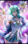  1girl alternate_costume alternate_hair_color alternate_hairstyle choker fluffy_ears gloves green_eyes green_hair hocen horn league_of_legends lipstick long_hair magical_girl pointy_ears solo soraka staff star_guardian_soraka very_long_hair white_gloves 