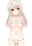  arms_behind_back ass_visible_through_thighs bare_arms bare_shoulders collarbone cowboy_shot eyepatch_bikini fate/kaleid_liner_prisma_illya fate_(series) hair_between_eyes head_tilt highres illyasviel_von_einzbern long_hair looking_at_viewer navel partially_visible_vulva red_eyes silver_hair simple_background smile solo standing stomach toketou white_background 