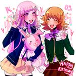  1boy 2girls blush brown_hair danganronpa danganronpa_1 dress eyes_closed fujisaki_chihiro group hair_ornament hairpin happy hug huyandere jewelry monomi_(danganronpa) multiple_girls nanami_chiaki open_mouth pink_eyes pink_hair school_uniform short_hair skirt stuffed_animal stuffed_toy super_danganronpa_2 trap trio uniform 