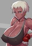  aqua_eyes bare_shoulders blonde_hair breasts cleavage collarbone covered_nipples dark_skin earrings fingerless_gloves gloves grey_background huge_breasts jewelry looking_at_viewer mikoyan parted_lips short_hair solo 