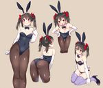  animal_ears arched_back ass bad_proportions bare_shoulders beige_background bent_over black_bow black_bra black_hair black_legwear black_leotard black_neckwear black_panties bow bowtie bra breasts bunny_ears bunny_tail bunnysuit cleavage commentary cropped_legs detached_collar elbow_gloves eyebrows_visible_through_hair fake_animal_ears from_behind gloves hair_ribbon hand_on_thigh hands_on_hips high_heels highleg highleg_leotard kurokawa_makoto leaning_forward leotard looking_at_viewer looking_back love_live! love_live!_school_idol_project medium_breasts multiple_views panties pantyhose profile purple_legwear red_eyes red_ribbon ribbon shiny shiny_clothes simple_background sitting tail thighhighs twintails underwear wariza white_gloves yazawa_nico 