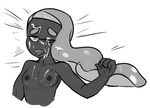  1girl ahegao arm_up badguyvivi breasts collarbone cum cum_on_breasts cum_on_hair dark_skin domino_mask drooling emphasis_lines english facial greyscale half-closed_eyes heavy_breathing highres inkling long_hair looking_up monochrome nipples nude one_eye_closed open_mouth rolling_eyes saliva simple_background small_breasts solo splatoon steam sweat tentacle tentacle_hair text tongue tongue_out upper_body white_background 
