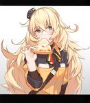  bangs blonde_hair blush closed_mouth commentary_request crossed_bangs eating eyebrows_visible_through_hair food girls_frontline green_eyes hair_flaps hairband hat highres holding holding_food italian_flag italy letterboxed long_hair looking_at_viewer mini_hat orange_hairband pizza s.a.t.8_(girls_frontline) small_gyaku_(cyjalway) upper_body very_long_hair 