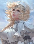  artist_name blonde_hair blue_eyes blue_sky breasts chain chuby_mi commentary day eyelashes fate/apocrypha fate/grand_order fate_(series) highres jeanne_d'arc_(fate) jeanne_d'arc_(fate)_(all) lips long_hair medium_breasts nose parted_lips pink_lips realistic sky solo sunlight watermark 