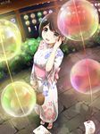  :d bag brown_hair dated floral_print from_above full_body grey_eyes han_(hehuihuihui) handbag highres japanese_clothes kimono looking_at_viewer mizuno_akane open_mouth outdoors path road sandals smile solo standing tsuki_ga_kirei wind_chime 