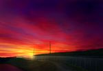  cloudy_sky commentary fence grass hill mks multicolored multicolored_sky no_humans original outdoors path power_lines purple_sky red red_sky river road scenery sky sunset 