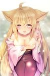  ahoge animal_ears bangs blonde_hair blush breasts cleavage covering covering_breasts eyebrows_visible_through_hair fox_ears japanese_clothes kabocha_usagi kimono konohana_kitan large_breasts long_hair nakai_(waitress) open_mouth solo tail undressing yuzu_(konohana_kitan) 