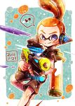  black_shorts blue_eyes closed_mouth domino_mask eighth_note hair_slicked_back harutarou_(orion_3boshi) headgear hero_shot_(splatoon) holding holding_weapon ink_tank_(splatoon) inkling looking_at_viewer male_focus mask musical_note orange_hair paint_splatter pointy_ears scrunchie short_hair shorts single_vertical_stripe smile splatoon_(series) splatoon_1 spoken_musical_note squidbeak_splatoon standing standing_on_one_leg tentacle_hair topknot weapon 