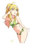  1girl :p absurdres ahoge akanbe arm_up artist_name ass_smack bikini blonde_hair breasts cloba cowboy_shot cropped_legs dated front-tie_bikini front-tie_top green_bikini green_eyes hair_between_eyes high_ponytail highres hoshii_miki idolmaster idolmaster_(classic) leaning_forward long_hair medium_breasts navel ponytail sidelocks simple_background solo swimsuit tongue tongue_out v-shaped_eyebrows white_background 