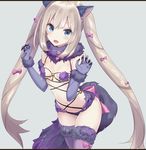  :d alternate_costume animal_ears arms_at_sides bangs blue_eyes blush bow breasts claw_pose cleavage commentary_request cosplay cowboy_shot cross-laced_clothes dangerous_beast elbow_gloves eyebrows_visible_through_hair fate/grand_order fate_(series) fox_ears fox_tail fur-trimmed_gloves fur-trimmed_legwear fur_collar fur_trim gloves hair_bow head_tilt leaning_forward letterboxed long_hair looking_at_viewer marie_antoinette_(fate/grand_order) mash_kyrielight mash_kyrielight_(cosplay) navel o-ring o-ring_top open_mouth panties purple_bow purple_gloves purple_hair purple_legwear purple_panties sidelocks silver_hair simple_background small_breasts smile solo standing tail tenrai thighhighs twintails underwear wrist_cuffs 