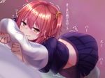  blush command_spell eyebrows_visible_through_hair face_down fate/grand_order fate_(series) fujimaru_ritsuka_(female) highres looking_at_viewer midriff orange_scrunchie pillow_bite purple_background ramchi school_uniform scrunchie side_ponytail sketch skirt sweat translated trembling tsukumihara_academy_uniform_(fate/extra_ccc) yellow_eyes 