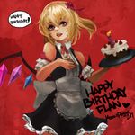  absurdres alternate_costume apron arm_garter artist_name birthday birthday_cake black_dress blonde_hair cake crystal dated dress flandre_scarlet food hair_ribbon heart highres holding holding_plate looking_at_viewer maid monori_rogue no_hat no_headwear open_mouth paid_reward patreon_reward plate red_background red_eyes red_ribbon ribbon short_hair side_ponytail sleeveless sleeveless_dress solo speech_bubble touhou white_apron wings 