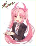  1girl bow danganronpa fake_horns horns long_hair open_mouth pink_eyes pink_hair solo tied_hair twintails utsugi_kotoko wink zettai_zetsubou_shoujo 