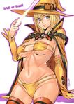  ashiomi_masato ass_visible_through_thighs bikini blonde_hair blue_eyes blush breasts eyebrows_visible_through_hair eyepatch_bikini gloves guilty_gear guilty_gear_xrd hair_between_eyes hat holding holding_wand huge_breasts long_hair looking_at_viewer millia_rage multi-strapped_bikini navel parted_lips solo swimsuit thighhighs wand witch_hat 