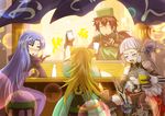  3girls alcohol animal_ears atalanta_(fate) beer blonde_hair bottle brown_hair caster choko_(cup) commentary cup drunk facial_hair fate/grand_order fate_(series) food_stand goatee grimjin hector_(fate/grand_order) lion_ears multiple_girls noren penthesilea_(fate/grand_order) pointy_ears purple_hair sake sake_bottle tail white_hair yatai 