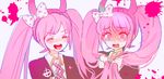  1girl blush bow crying danganronpa eyes_closed fake_horns happy headdress horns long_hair open_mouth pink_eyes pink_hair tied_hair twintails utsugi_kotoko zettai_zetsubou_shoujo 