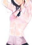  black_hair black_ribbon bra collared_shirt commentary_request dress_shirt head_out_of_frame neck_ribbon original parted_lips ribbon see-through shirt short_sleeves solo totteri underwear white_background white_shirt wing_collar 