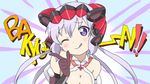  :q bakyu-n!! bare_shoulders breasts cleavage cleavage_cutout commentary_request derivative_work hair_between_eyes headgear long_hair looking_at_viewer medium_breasts one_eye_closed purple_eyes purple_hair rion_(osero-peace1117) senki_zesshou_symphogear solo tongue tongue_out yukine_chris yuru_yuri 