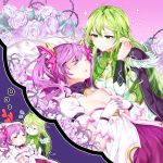  aisha_(elsword) blush breasts cleavage dimension_witch_(elsword) dreaming elf elsword eyebrows_visible_through_hair hamericano heart highres long_hair night_watcher_(elsword) pointy_ears rena_(elsword) sleeping sparkle sweatdrop twintails yuri 