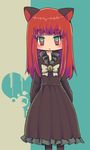  :&lt; alternate_color alternate_costume alternate_hairstyle animal_ears aqua_eyes arms_at_sides bangs bell black_dress blunt_bangs blush bow bowtie cat_ears culotte_(hosenrock) dress expressionless eyebrows_visible_through_hair frilled_dress frills grey_background kaenbyou_rin long_hair multicolored multicolored_eyes red_eyes red_hair sidelocks solo standing teal_background touhou two-tone_background 