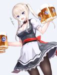  alcohol alternate_costume apron bangs beer beer_mug black_dress blonde_hair blue_background blue_eyes blush bow breasts brown_legwear cleavage collar cowboy_shot cup dirndl dress dutch_angle eyebrows_visible_through_hair frilled_dress frills german_clothes graf_zeppelin_(kantai_collection) hair_tie highres holding holding_cup iron_cross kantai_collection long_hair looking_down medium_breasts pantyhose red_bow sash short_sleeves sidelocks simple_background solo standing sweat translated twintails waist_apron white_apron xenonstriker 