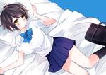  amesawa_mokke bag bangs blouse blue_background blue_skirt blush breasts closed_mouth eyebrows_visible_through_hair kneehighs large_breasts lying on_back on_bed original pleated_skirt school_bag school_uniform short_hair sidelocks simple_background skirt solo tareme thighs white_blouse 