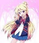  :d blonde_hair blue_eyes blue_skirt bon_(moegomi) bow hair_bun hair_ornament hairclip hood hoodie kin-iro_mosaic kujou_karen long_hair looking_at_viewer open_mouth purple_eyes school_uniform skirt smile solo union_jack v very_long_hair x_hair_ornament 