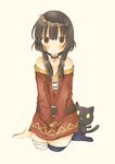  absurdres animal bad_id bad_pixiv_id bandaged_leg bandages bare_shoulders barefoot bat_wings belt belt_buckle between_legs black_cat black_hair blush brown_belt brown_hair buckle cat chomusuke closed_mouth collar collarbone commentary_request cross dress embarrassed facial_mark familiar flat_chest forehead_mark gold_trim hair_between_eyes hand_between_legs highres kono_subarashii_sekai_ni_shukufuku_wo! lace-up_top looking_at_viewer megumin mismatched_legwear nervous no_eyepatch no_hat no_headwear no_shoes off_shoulder red_dress red_eyes short_hair_with_long_locks sidelocks simple_background single_thighhigh sitting solid_oval_eyes solo strapless strapless_dress thighhighs toes tube_dress wariza white_background wings yellow_eyes yuno_(suke_yuno) zettai_ryouiki 