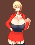  aen030 alice_margatroid blonde_hair blue_eyes breasts cleavage commentary_request formal hairband hand_on_hip highres huge_breasts looking_at_viewer short_hair smile solo touhou 