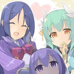  aqua_hair bangs bare_shoulders blush bodysuit breasts closed_eyes commentary_request dark_skin eyebrows_visible_through_hair fan fate/grand_order fate_(series) fingerless_gloves folding_fan gloves hairband hassan_of_serenity_(fate) heart horns japanese_clothes kimono kiyohime_(fate/grand_order) large_breasts long_hair looking_at_viewer minamoto_no_raikou_(fate/grand_order) multiple_girls open_mouth purple_bodysuit purple_eyes purple_hair sasakura short_hair smile very_long_hair yellow_eyes 