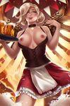  1girl alternate_costume areolae beer blonde_hair blue_eyes breasts collar cross dress earrings mechanical_wings mercy_(overwatch) nipples olchas open_mouth overwatch parted_lips solo upper_teeth web_address 
