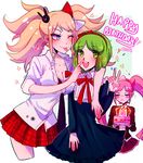  3girls birthday blonde_hair blue_eyes breasts cake danganronpa danganronpa_1 dress enoshima_junko eyes_closed fake_horns food green_eyes green_hair group hair_ornament hairband hairpin happy horns huyandere monaka_(danganronpa) multiple_girls necktie open_mouth pink_eyes ribbon skirt tied_hair tongue tongue_out trio twintails utsugi_kotoko wink zettai_zetsubou_shoujo 