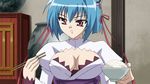  00s 1girl animated animated_gif aqua_hair bouncing_breasts breasts chouun cleavage food koihime_musou large_breasts purple_eyes talking 