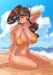  1girl beach bikini breasts brown_hair collar curvy dark_skin female hair_ornament hair_ribbon highres huge_breasts kantai_collection lock long_hair long_ponytail looking_at_viewer mamiya_(kantai_collection) mrdotd navel o-ring ocean outdoors ponytail red_eyes ribbon sitting solo string_bikini summer sweat swimsuit tan thish yellow_bikini yellow_swimsuit 