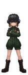  absurdres bangs black_footwear blonde_hair blue_eyes boots closed_mouth commentary crossed_arms emblem full_body girls_und_panzer green_jumpsuit helmet highres katyusha lain long_sleeves looking_at_viewer military military_uniform pravda_military_uniform short_hair short_jumpsuit simple_background smirk solo standing uniform white_background 