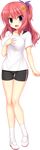  absurdres bike_shorts blue_eyes blush cameltoe flower full_body hair_flower hair_ornament hand_on_own_chest highres long_hair looking_at_viewer official_art one_side_up open_mouth pink_hair shirt shoes short_sleeves solo standing t-shirt transparent_background utsunomiya_tsumire uwabaki wagamama_high_spec watanuki_karen 