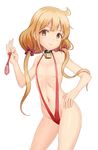  ahoge bangs blonde_hair blush bow choker collarbone commentary_request condom contrapposto cowboy_shot eyebrows_visible_through_hair flat_chest futaba_anzu hair_bow hand_on_hip head_tilt highres holding idolmaster idolmaster_cinderella_girls long_hair looking_at_viewer navel red_swimsuit ribs shiny shiny_skin sidelocks smile solo standing swimsuit taka_(takahirokun) twintails used_condom white_background yellow_eyes zipper 