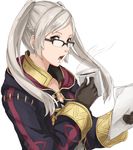  bespectacled brown_eyes cloak coffee coffee_mug cup female_my_unit_(fire_emblem:_kakusei) fire_emblem fire_emblem:_kakusei glasses holding holding_cup kamu_(kamuuei) long_hair looking_at_viewer mug my_unit_(fire_emblem:_kakusei) paper simple_background solo twintails white_background white_hair 