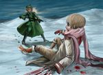  2boys angry axis_powers_hetalia bleeding blonde_hair blood boots cap gloves gun injury lying male_focus military_uniform multiple_boys night outdoors poland_(hetalia) russia_(hetalia) scarf shot snow war weapon winter 