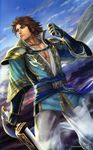  1boy bird brown_eyes brown_hair cloth clouds male_focus muscle necklace outdoors pants pecs shin_sangoku_musou shin_sangoku_musou_7 sima_zhao sky solo sword weapon 