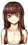  absurdres artist_name bangs blush breasts brown_hair close-up closed_mouth commentary_request cropped_torso dated eyebrows_visible_through_hair green_eyes hair_between_eyes hair_censor hair_over_breasts highres kotoba_noriaki long_hair nude signature simple_background small_breasts smile solo white_background 