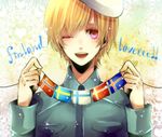  1boy axis_powers_hetalia beret blonde_hair denmark_(hetalia) finland_(hetalia) iceland_(hetalia) male_focus military_uniform norway_(hetalia) one_eye_closed open_mouth purple_eyes smile sweden_(hetalia) teeth 