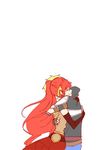  1boy 1girl blonde_hair couple crying eyes_closed gloves headdress hoodie hug jaune_arc long_hair meteoride ponytail pyrrha_nikos red_hair short_hair smile tied_hair 