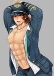  1boy abs bara blush brown_eyes brown_hair cum hat jacket looking_at_viewer male_focus muscle necklace nipples open_mouth open_shirt pants pecs shin_sangoku_musou shin_sangoku_musou_7 shirt sima_zhao simple_background solo tied yaoi 