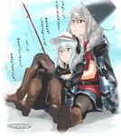  belt black_legwear black_skirt blue_eyes blue_sky blush boots brown_eyes brown_footwear camouflage_jacket closed_mouth commentary_request day earmuffs facial_scar fish fishing fishing_rod flat_cap fur_trim gangut_(kantai_collection) grey_hair hair_between_eyes hat hibiki_(kantai_collection) highres hole hug hug_from_behind ice ice_fishing jacket jacket_on_shoulders kantai_collection knee_boots long_hair long_sleeves military military_jacket military_uniform miniskirt multiple_girls pantyhose red_shirt remodel_(kantai_collection) scar scar_on_cheek shirt silver_hair sitting skirt sky smile snow tama_(seiga46239239) translated uniform verniy_(kantai_collection) 
