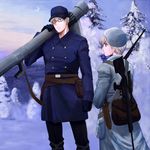  2boys axis_powers_hetalia backpack beret blonde_hair cap coat finland_(hetalia) glasses gloves green_eyes gun male_focus military_uniform moon multiple_boys night outdoors purple_eyes rifle snow sweden_(hetalia) tree weapon winter 