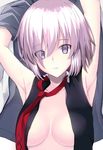  armpits arms_up black_vest blush breasts bright_pupils cleavage collarbone commentary_request expressionless eyebrows_visible_through_hair eyes_visible_through_hair fate/grand_order fate_(series) grey_jacket hair_over_one_eye highres jacket karaage_bou mash_kyrielight medium_breasts necktie no_bra open_clothes open_jacket open_vest parted_lips pink_eyes pink_hair red_neckwear shiny shiny_hair short_hair sleeveless solo upper_body vest 