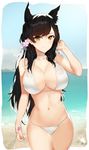  absurdres animal_ears atago_(azur_lane) azur_lane beach bikini black_hair breasts brown_eyes closed_mouth commentary cowboy_shot day highres large_breasts long_hair looking_at_viewer mole mole_under_eye navel sendrawz smile solo stomach swimsuit white_bikini 